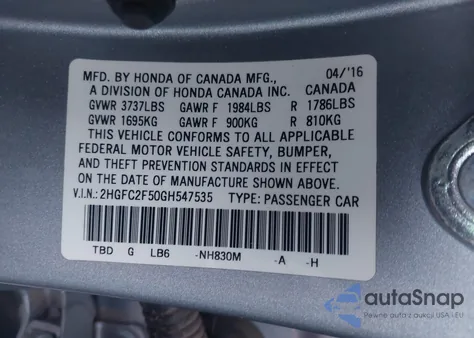 2016 Honda Civic Lx z USA, uszkodzony, nr VIN 2HGFC2F50GH547535
